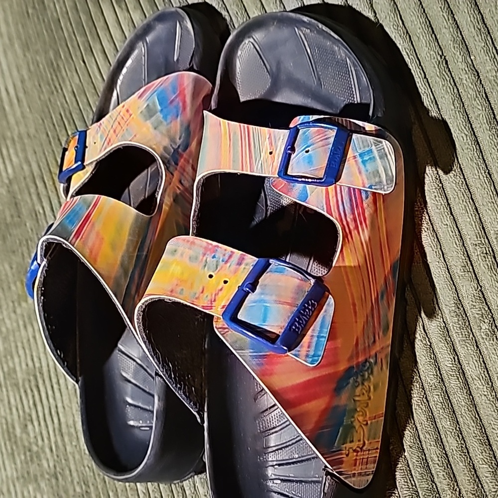 Birkenstock Multicolor Swirl Pattern Arizona Sandals with Blue Buckles - Picture 3 of 9